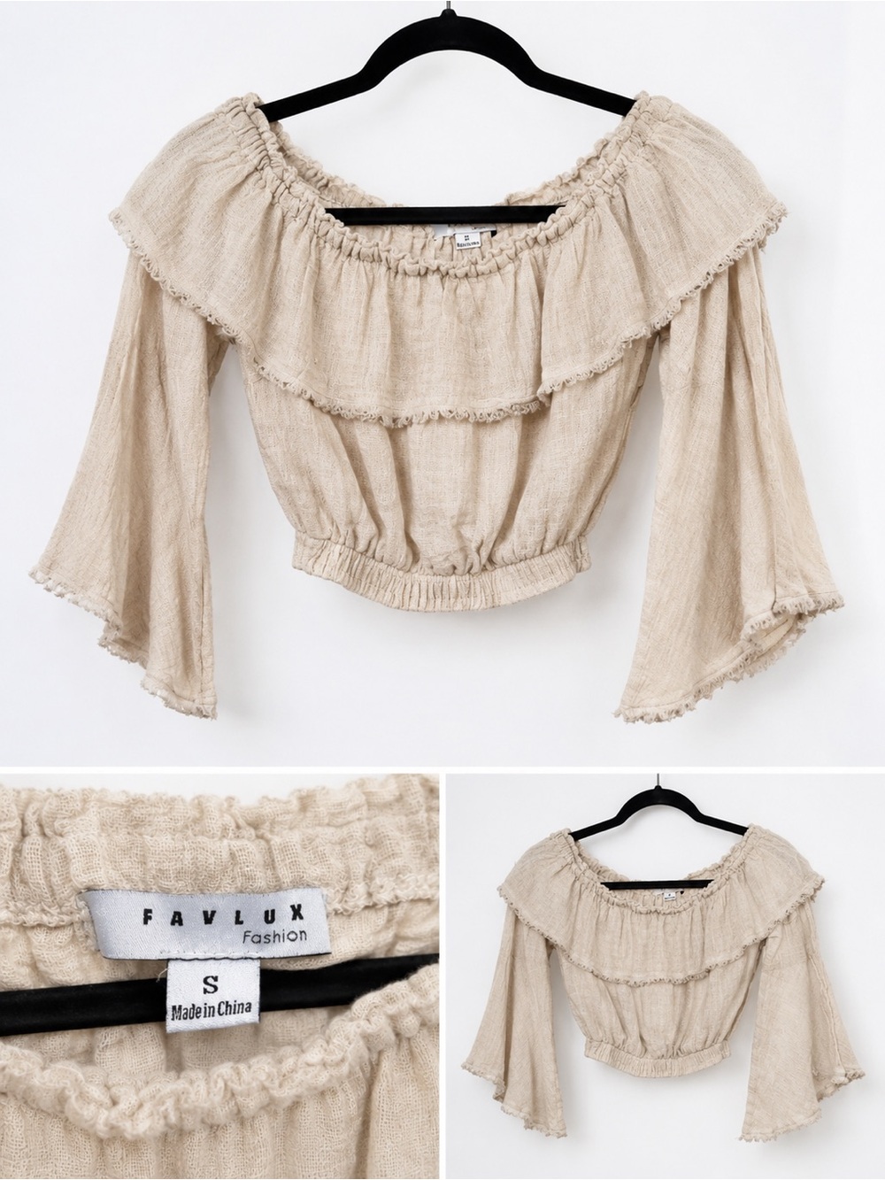 Favlux Off-the-Shoulder Boho Crop Top | Beige Gauze Bell Sleeve | Size Small
